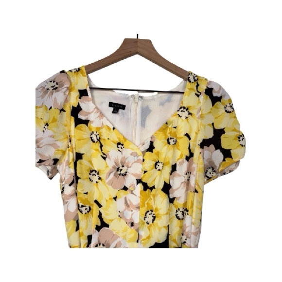 Talbots. Black Yellow Floral Print Button-Front Short Sleeves Midi Dress 4 - Picture 7 of 9